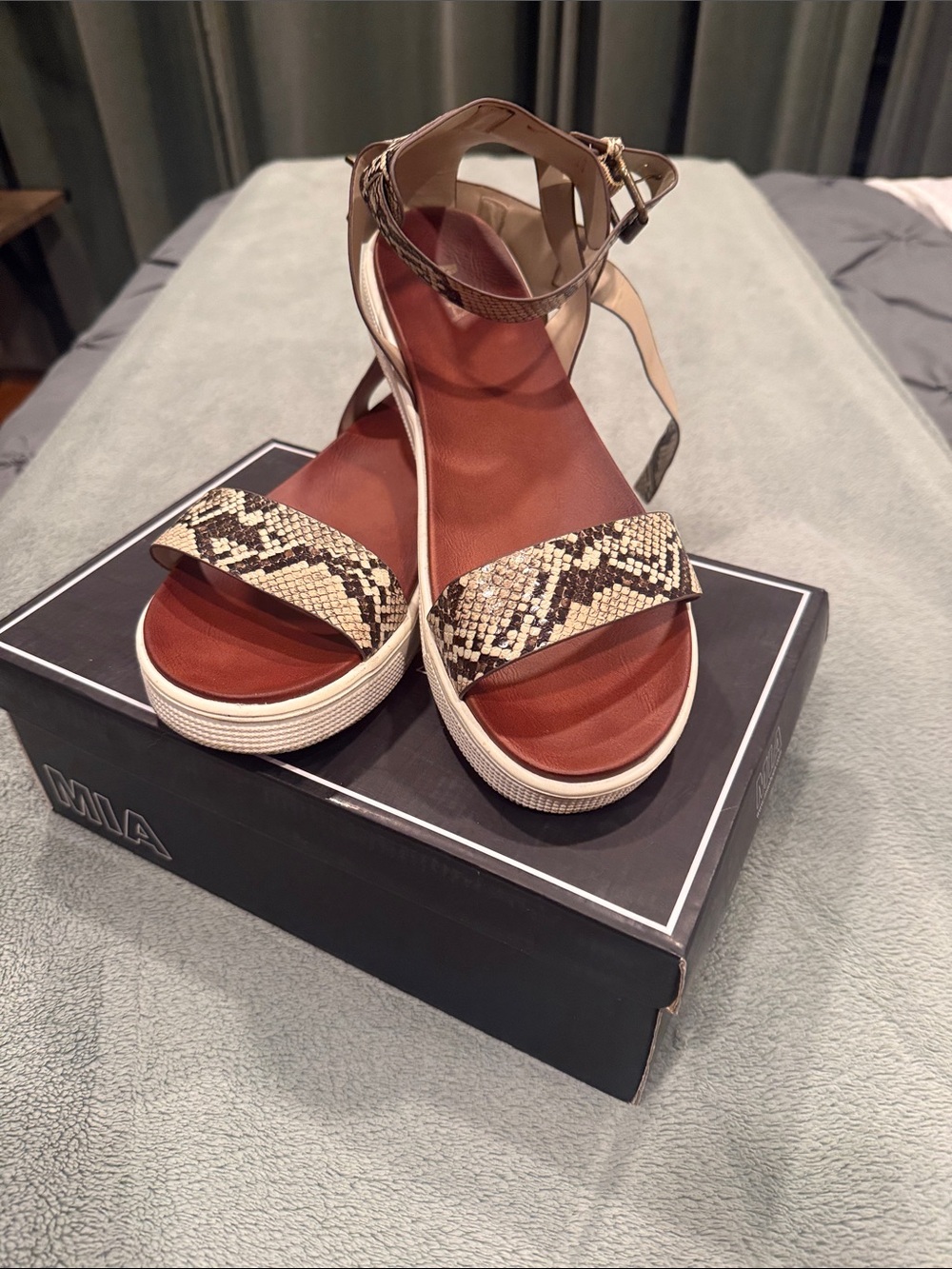 MIA Tan and Brown Snake-Print Platform Sandals